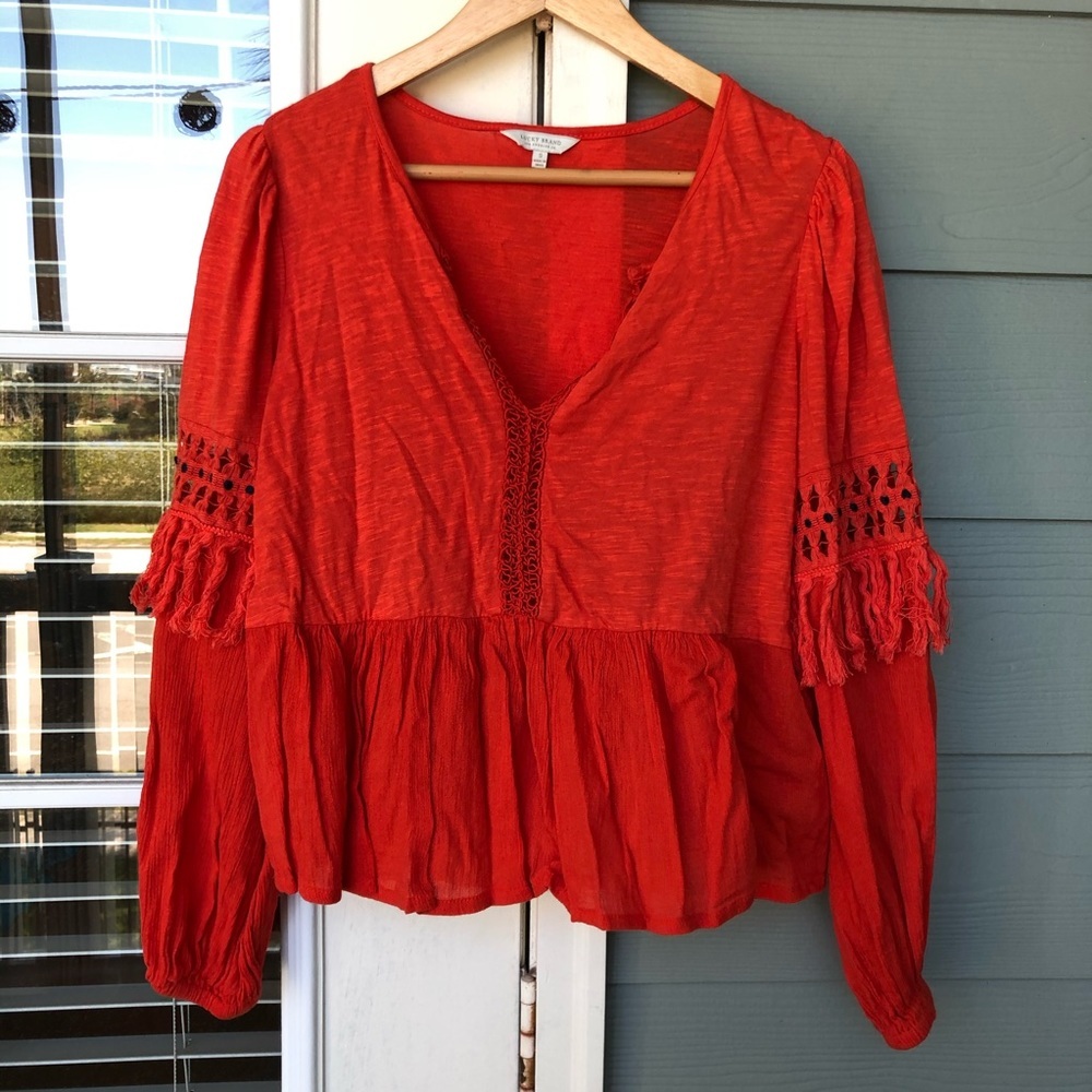Lucky Brand Long Sleeve Top V-Neck Shirt Tassels S